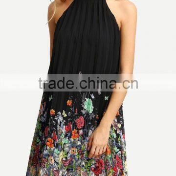 floral print halter neck pleated dress new fashion summer women dress