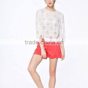Fashion Latest Trendy High Fashion Crochet Fabric Women Transparent Blouse With Half Sleeve photo-2