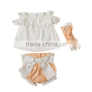 New Arrival Baby Girl Open Shoulder Top Shorts Outfits,pompom Top Set photo-2