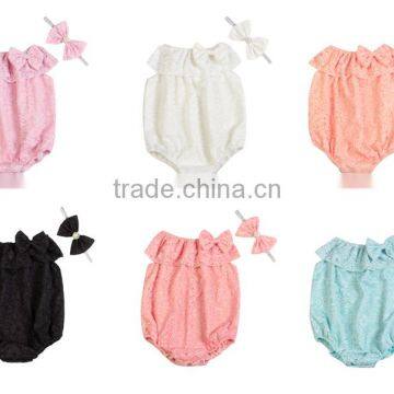 Summer hot sale bouqitue baby clothing high quality rompers baby girl plain color lace rompers with headband