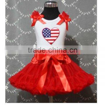 Lovely white top red chiffon pettiskirt in set with bowknot for Patriotic