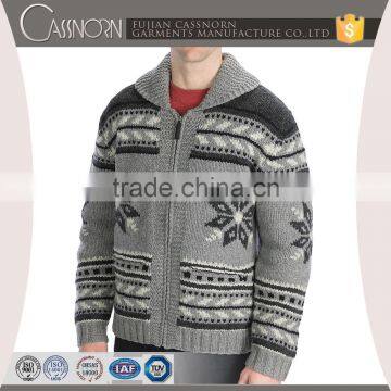 Two-way Front Zip Lambswool Nordic Jacquard Chunky Textured Hand Knit Cardigan photo-3