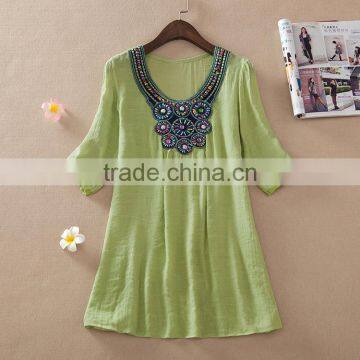 Hotsale O-neck Printed Retro Vintage Bohemian Loose Casual Chiffon Shirts Blouse Top Clothing for Women photo-3