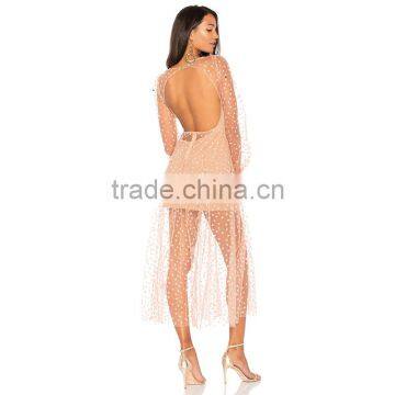 Raw Hem Embroidered Tulle Appliqued Gauze Backless Long Dress photo-3