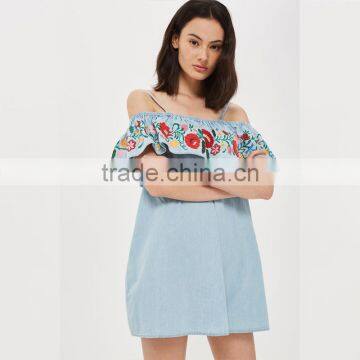 Denim Blue Embroidered New Pattern Clothes off Shoulder Short Jeans Dress Women photo-3