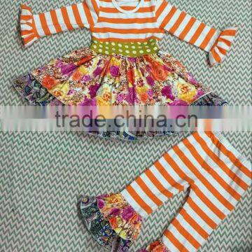 2015 Baby Stripe Top Flower Dress and Stripe Ruffle Pants Baby Clothing Set Baby Dresses YW-075 photo-2