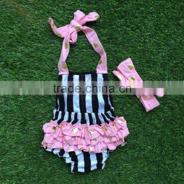 2016 New Baby Girls Kids Infant Toddler Kids Bubble Romper Pink Ruffle Black Stripe Bubble With Headband photo-2