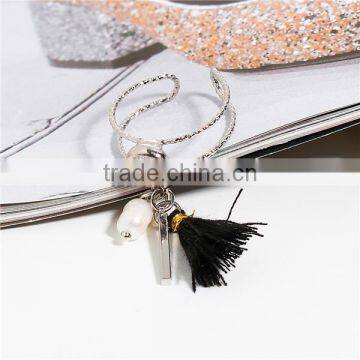 New Fashion Silver Tone White Tassel Clear Rhinestone Pearl Open Rings photo-2