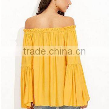 Women Lady Blouse Off Shoulder Pleated Ruffle Sleeve Blouse Top photo-5