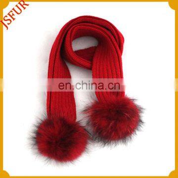 Unique New Raccoon Fur Kids Scarf Wool Knitted Long Winter Baby Scarves With Two Detachable Raccoon Fur Pom Poms