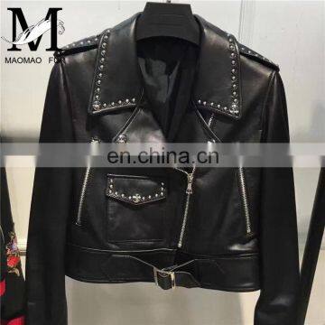 2017 New Fashion Diamond Women Real Leather Jacket Ladies