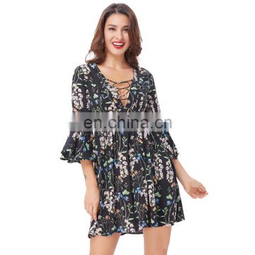 Kate Kasin Sexy Women's Floral Pattern 3/4 Bell sleeves Deep V-Neck Mini Dress KK000664-1