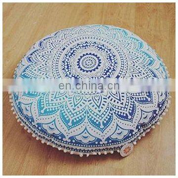 Indian Home Decor Decorative Throw Cotton Pillow Case Vintage Mandala Pouf Cover Handmade Ottoman Decor Footstool With Pom Pom