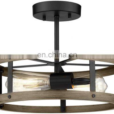 Farmhouse Flush Mount Ceiling Lighting Metal Cage Ceiling Light Close to Ceiling Lighting Wood and Matte Black Finish