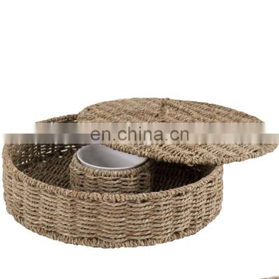 Polished Healthy Product Wicker Seagrass Woven Chip & Dip Serving Platter with Bowl and Lid Vietnam Supplier