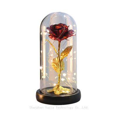 Gold Foil Rose in Glass Dome With LED Light and Three Holders for Wedding Decoration Wholesale photo-5