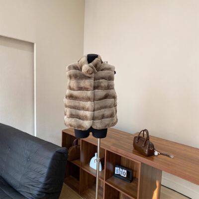 2025 Autumn/Winter Cream Latte Imported Rex Rabbit Fur Chinchilla Pattern Fur Vest photo-4