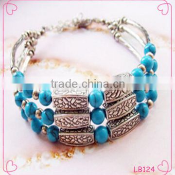 Antique silver charms turquoise beaded bracelet National wind bracelet promotions