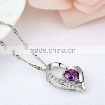 Women Gift Fashion Charm Costume Jewelry Silver Heart Rhinestone CZ Necklace Pendant