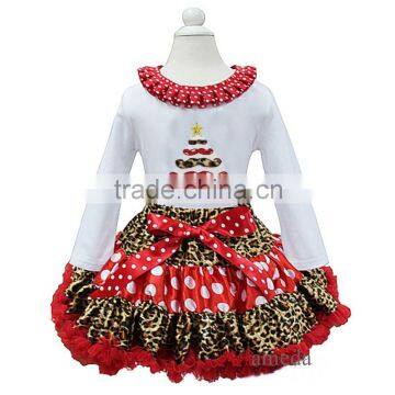 Red Polka Dots Leopard Pettiskirt with Xmas Mustache Tree White Long Sleeves Tee