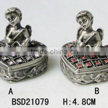 High quality customized antique silver plating angel jewelry box with crystal stone