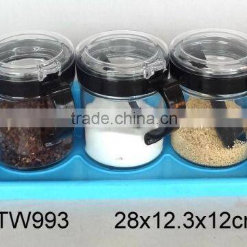 TW993 3pcs glass spice jar set with plastic stand