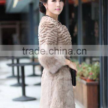 Long Women's 100% Real Rabbit Fur Coat With Fox Fur Cuff photo-4