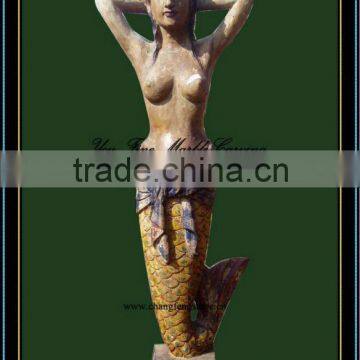 Antique Hand Carved Wood Sculpture, Wood Mermaid Sculpture