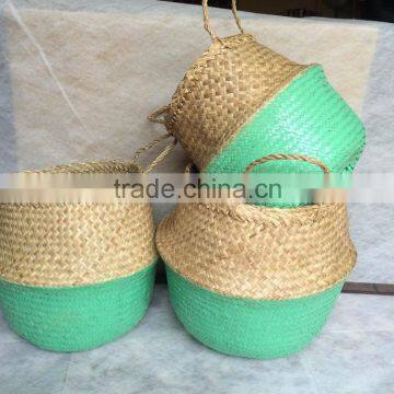 Best selling green dipped seagrass belly basket with pompoms