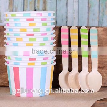 Pastal rainbow stripe ice cream cups &wooden spoon set