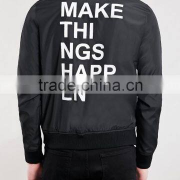 Men Black Slogan Print Bomber Jacket, Short Style