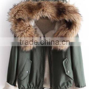 green faux Fur Hooded Long Sleeve Drawstring Coat women parka coat