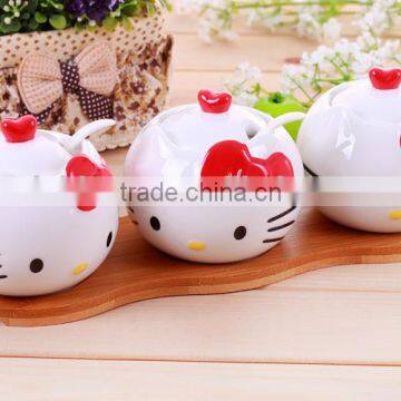 creative lovely cartoon kitty style ceramic seasoning spice bowl pot 3 in 1 set with spoon and wooden board