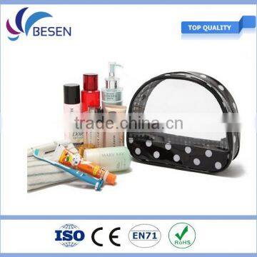 Black cosmetic bag with white dots,and with clear window