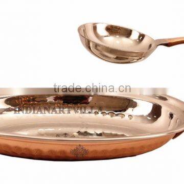 IndianArtVilla Steel Copper Platter with Attached Bowl 450 ML - Serving Dishes Indian Food Home Hotel Restaurant Tableware Serve