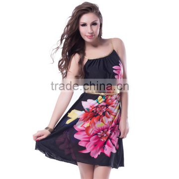 Top selling multi flowers ladies sleeveless print dress with belt fashion dress