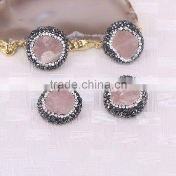 Natural Rose Quartz Druzy Beads, With Crystal Zircon Paved Connector Gem stone Beads For Jewelry Making