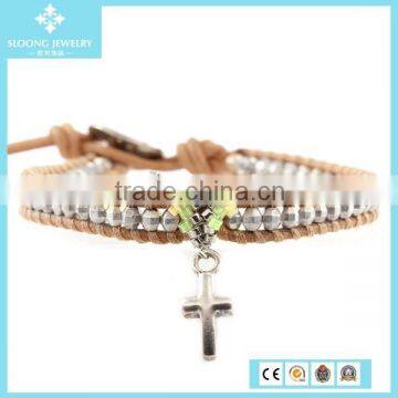 Yiwu Professional Fashion Silver Bead Single Wrap Bracelet with Smooth Cross Charm 2015