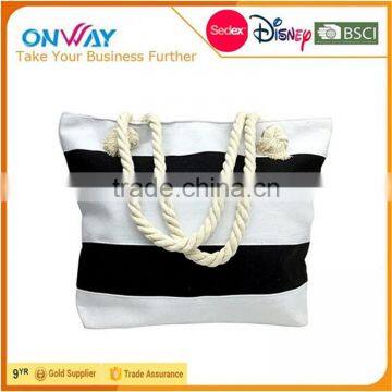 Classic Jute Beach Bag with Rope Handles, Black and White Stripe