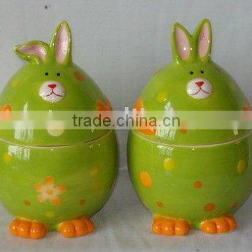 Ceramic easter rabbit jar green color,handpainted, handmade.