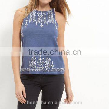 2016 Fashion Summer Blue Embroidered Trim Sleeveless Top HST8042 photo-2