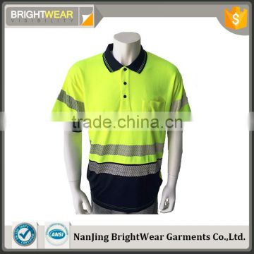 Polyester birdeye two colored hi vis protective safety generic tape custom embroidery reflective polo shirt