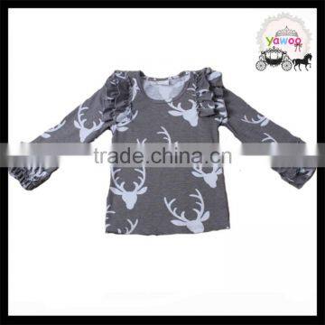 High Quality Baby Girls Reindeer Print Long Sleeve T-shirt Gray Ruffle Boutique Outfits Wholesale Kids Clothing Tops Daily Wear