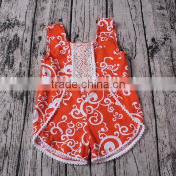 Wholesale Girls Orange Damask Printed Knit Cotton Summer Newborn Infant Baby Romper photo-3