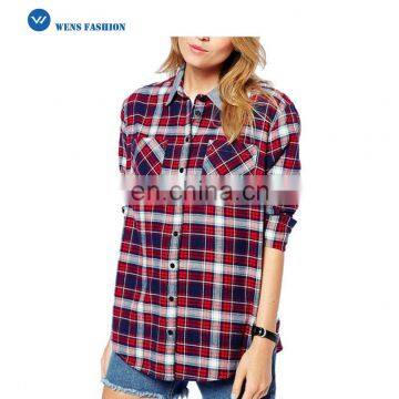 Cheap Price Red Color Long Sleeve Ladies Checked Shirts 2017