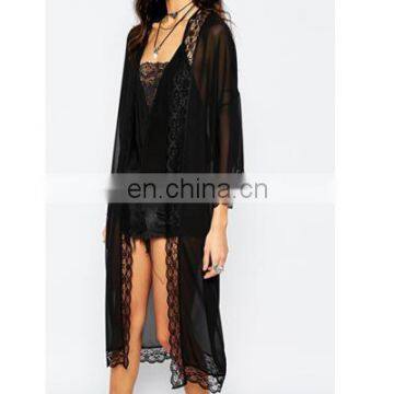 Sheer chiffon lady kimono robe with lace trim