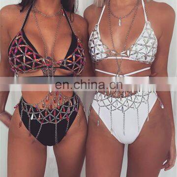 Women Diamond Sexy Bra Chain Female Splicing Jumpsuit Bikini Lingeries Beach Home Wear Costume photo-3