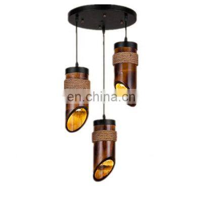 Tonghua Big Ceiling Rose Three Heads Bamboo Design Hemp Rope Cover Art Pendant Lighting Indoor LED Edison Bulb Hanging Lamp