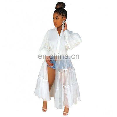 (Belt Not Included) Customized New Women's Fashion Big Size Nightclub Mesh Translucent Stitching Long Sleeve Dress photo-3