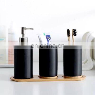 4-Piece Natural bamboo White and black ceramic bathroom accessories